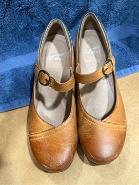 Dansko Fawn Mary Jane  Chestnut Cognac Leather Flats with Buckle